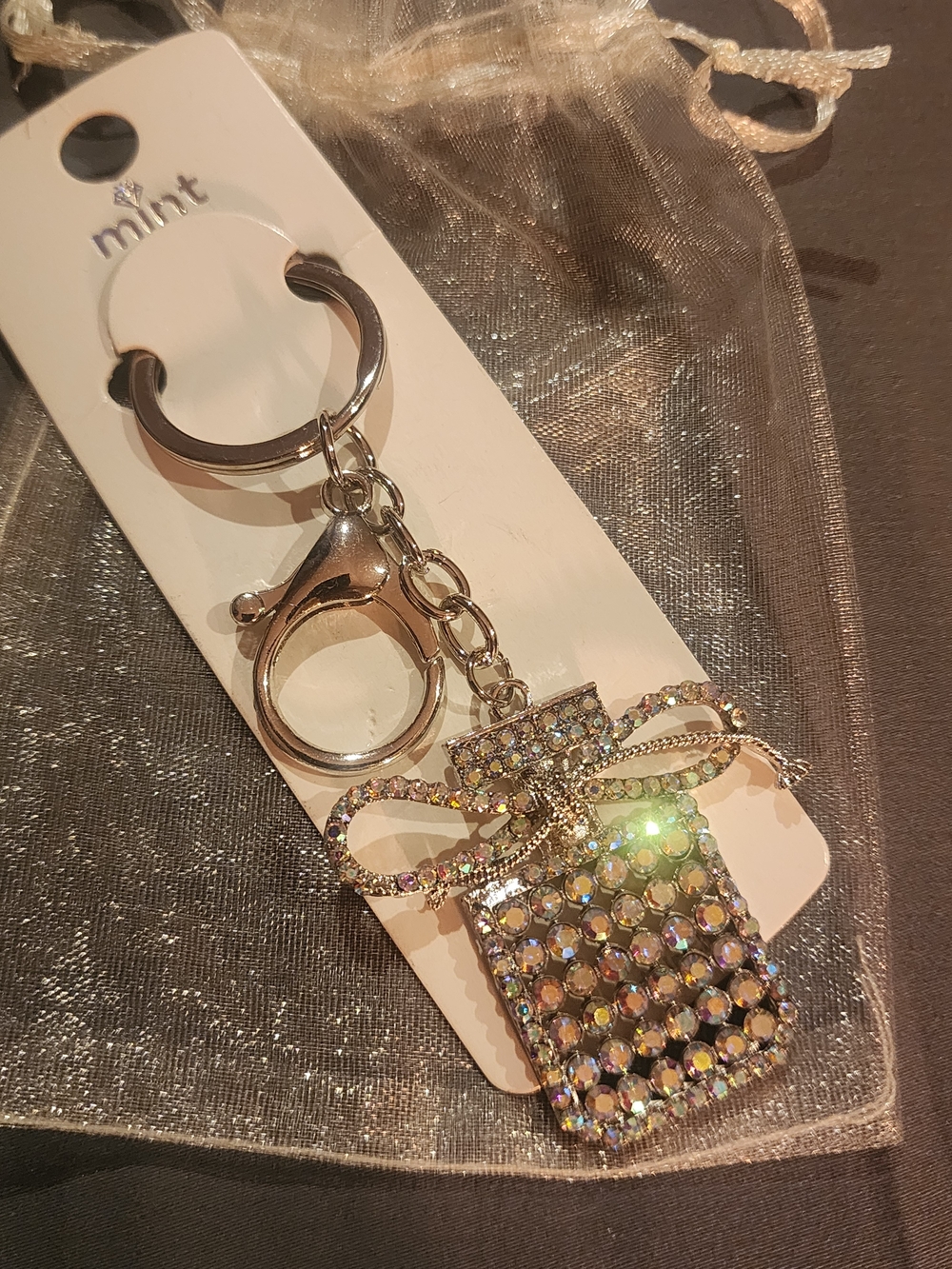 NWT Mint Iridescent Crystal Perfume Keychain/bagcharm - Silver